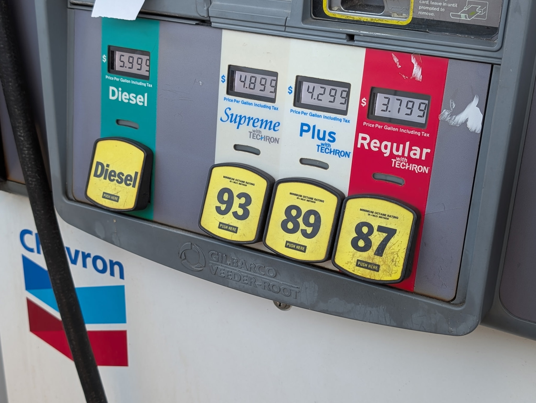 Chevron pump before the discount. Regular is $3.799, Plus $4.299, Supreme $4.899, and diesel $5.999.